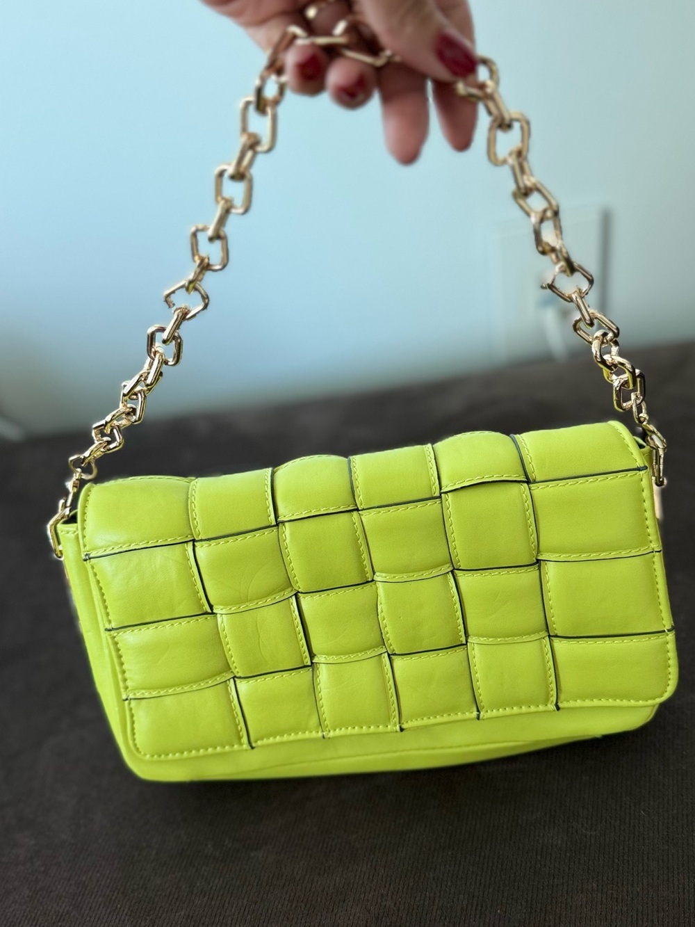 Aldo Neon Lime Woven Leather Shoulder Bag with Gold Chain